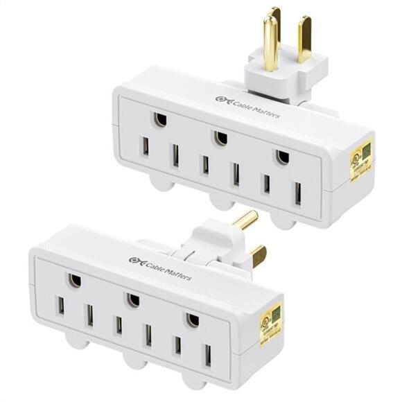 Cable Matters 2-Pack 3 Outlet Grounded 180 Degree Swivel Wall Tap in White - Picture 1 of 8